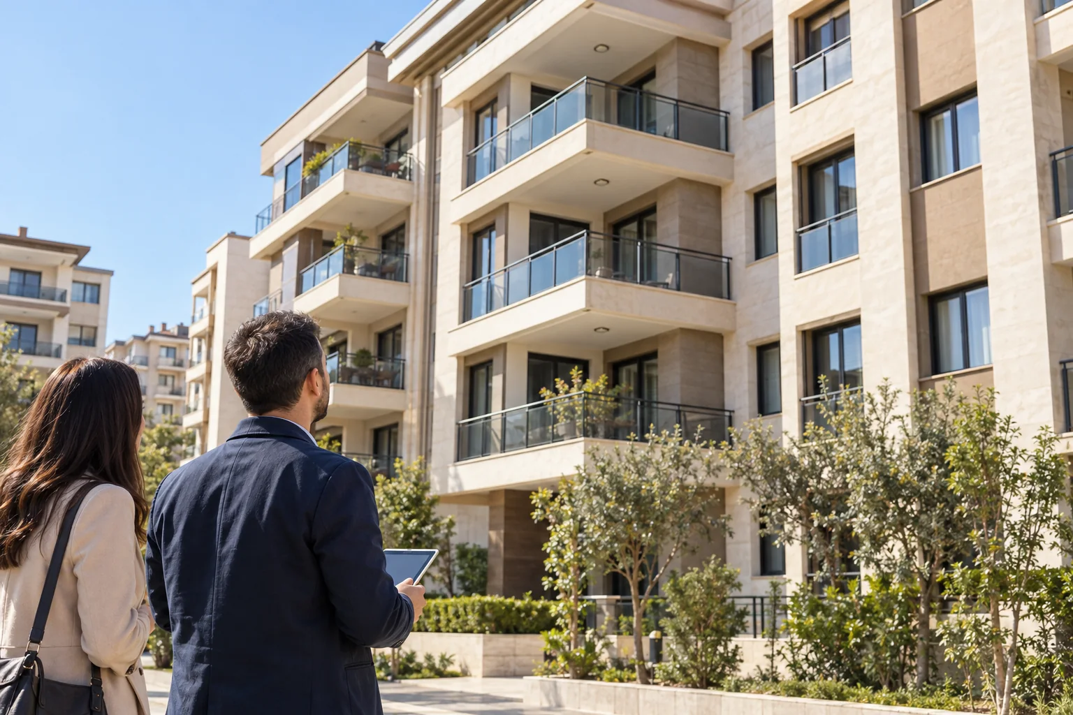 Bir konutun dış cephesini inceleyen uzman ve ziyaretçi; temsili inceleme sahnesi.